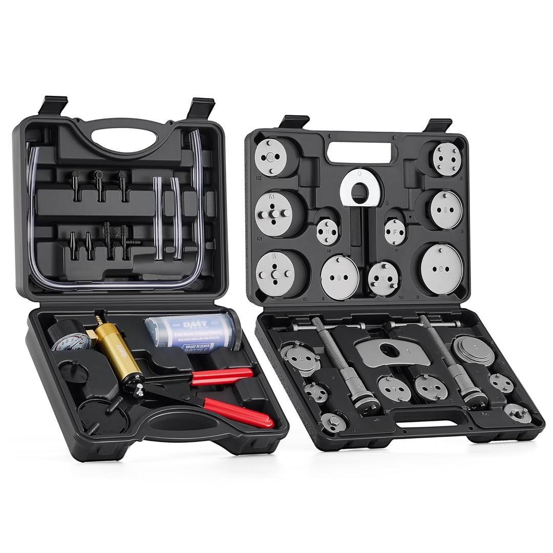 Orion Motor Tech 2 in 1 Brake Caliper Compression Tool & Brake Bleeder Kit, Handheld Vacuum Pump Brake Bleeder Tool Set, Disc Brake Pad Service Tool with Thrust Bolt Retaining Plates & 18 Adapters (Black)