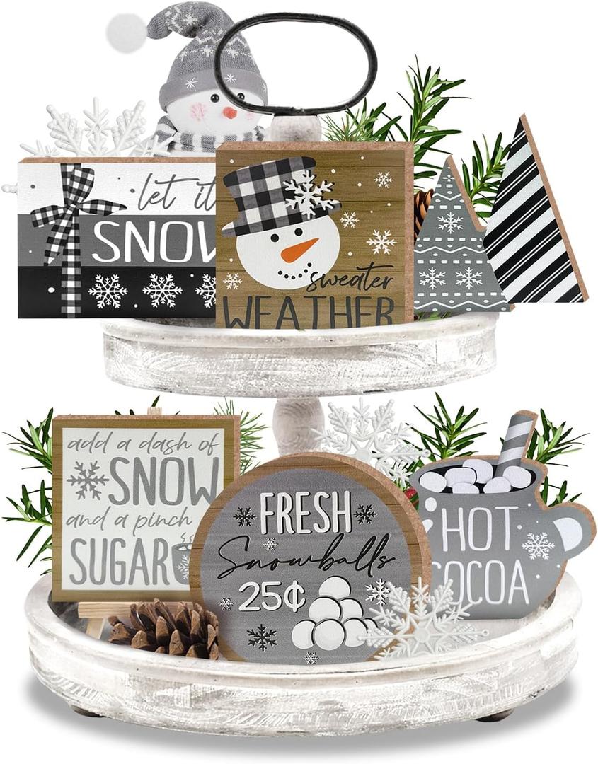 11 Pcs Grey Winter Tiered Tray Decor, Snowman Hot Cocoa Farmhouse Wood Decorations Set, Let It Snow Christmas Rustic Wooden Decorative Signs for Home Table Shelf