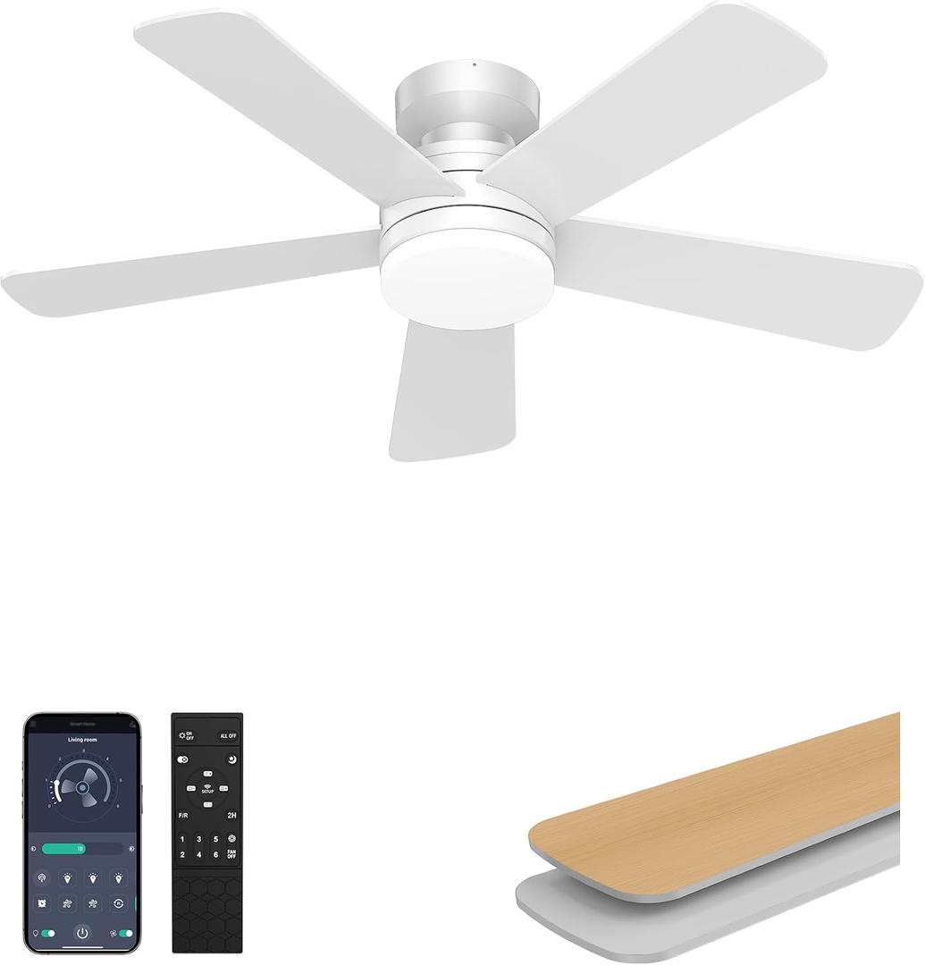 42 Inch Low Profile Ceiling Fans with Lights and Remote | Low Profile Ceiling Fan, 6 Speeds, 3000K - 6500K Dimmable LED Fan Light, Modern Indoor Flush Mount Ceiling Fans for Bedroom