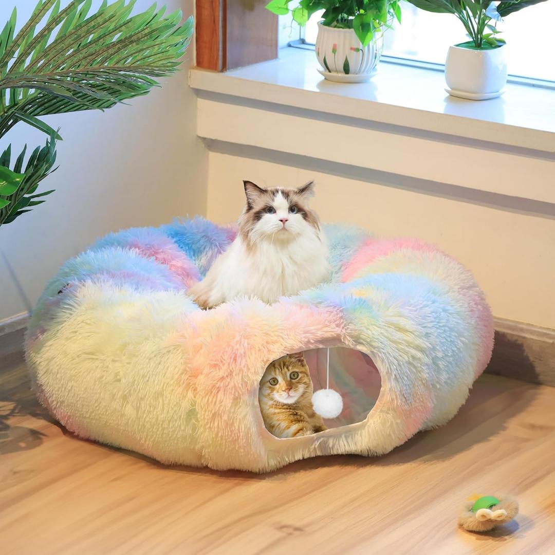 Cat Tunnel Bed for Indoor Winter, Warm Fluffy Plush Multicolored Donut Game with Central Mat, 2-in-1 Design Pet Playground Toys Hide Place for Indoor Kitten Puppy Rabbit Ferret
