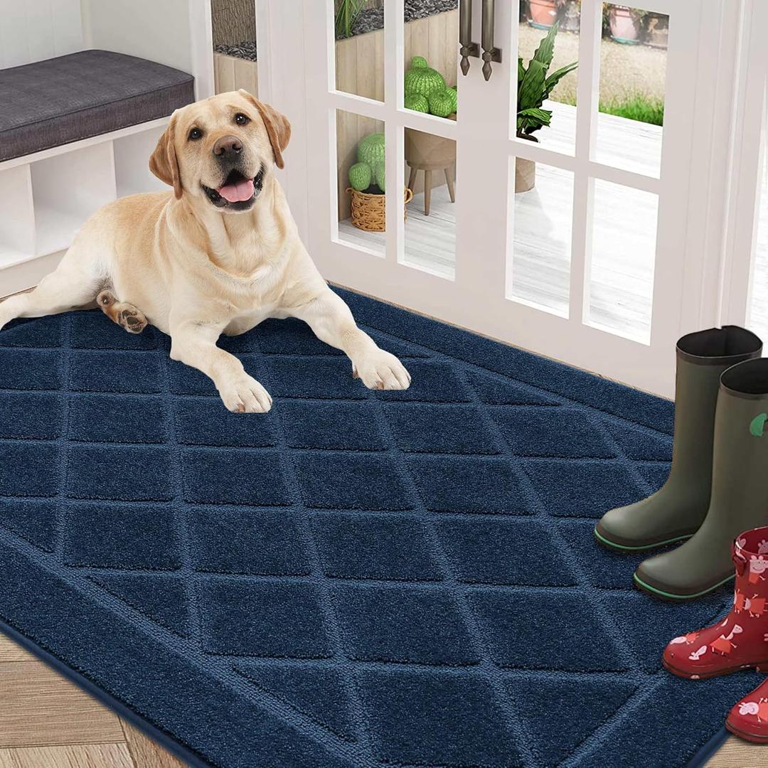 BEQHAUSE Dirt Trapper Door Mat 36" x 60", Doormat Non-Slip Entryway Rugs Washable, Dog Door Mat Stain Resistant and Absorbent Welcome Floor Mat for Front Back Door, Mud Wet Shoes & Paws, Navy Blue