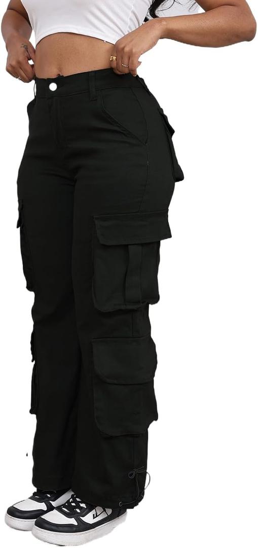Cargo Pants for Women Elastic Waisted Straight Wide Leg Casual Pants with Multi Pockets (Medium, Black2984)