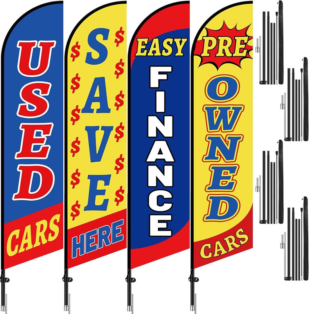 Remagr 4 Sets/ 8 Pcs Used Cars Flag Pole Kit 15 ft Second Hand Cars Dealer Flags Set Includes 4 Pole and 4 Flag Car Dealership Supplies Finance Pre Owned(Bright Color)