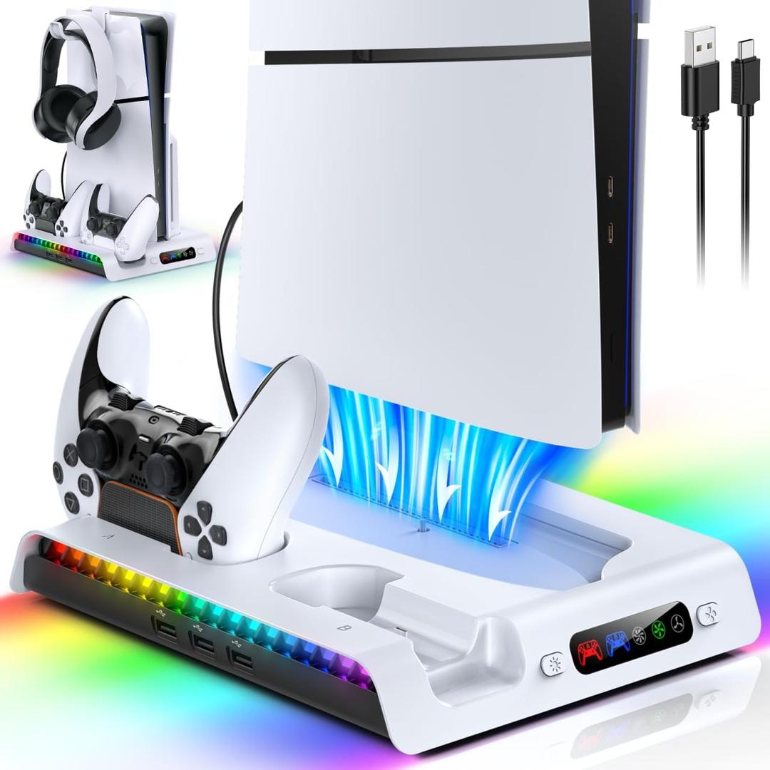FASTSNAIL Charging Stand with Cooling Fan Only for PS5 Slim Console, Dual Controller Charger Station with 9 RGB Lights & Headset Hook & 3-Level Silent Fan, Cooler Accessories for PS5 Slim Digital/Disc (White)