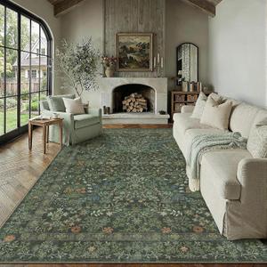 PureCozy 8x10 Dark Green Floral Area Rug Vintage Farmhouse Style | Washable, Non Slip, Soft Low Pile, Indoor Carpet for Living Room, Bedroom, Dining Room, Botanical Decor