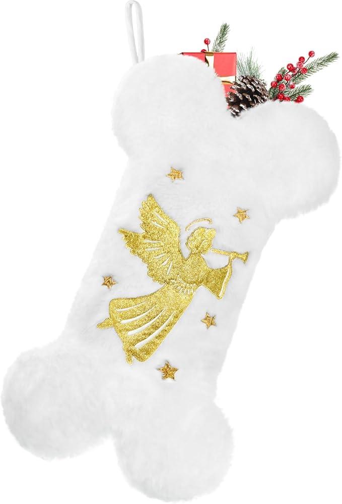 Yoochee Pet Dog Christmas Socks, Snowy White Plush Large Bone Shaped Dog Christmas Socks Printed with Elegant Angel Embroidery, Hanging Christmas Holiday Fireplace Party Christmas Decor