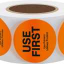 1.5 Inch USE First Stickers Food Service Inventory Control Labels Trilingual Product Labels Orange - 500 Stickers Per Roll (10 Rolls)