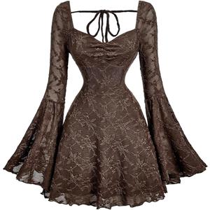 WDIRARA Women's Floral Jacquard Mesh Gothic Dress Bell Long Sleeve A Line Vintage Dresses (Coffee Brown)