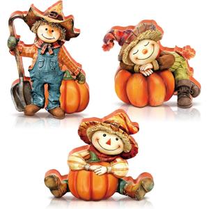 3 Pcs Fall Harvest Scarecrow Figurines with Pumpkin Thanksgiving Wooden Little Scarecrow Figurines Table Decoration for Autumn Thanksgiving Gifts Home Office Decor Party Supplies