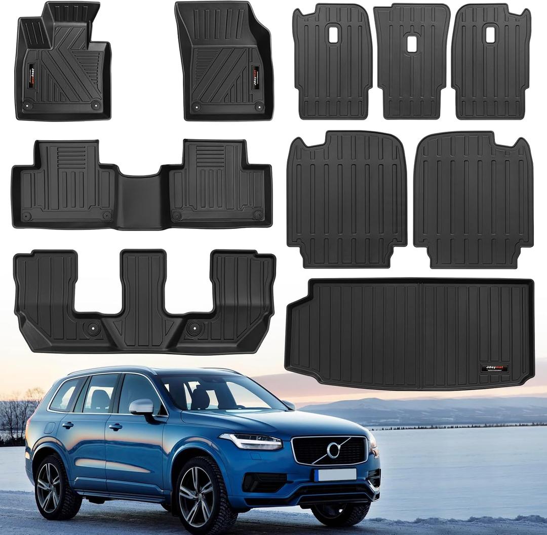 Custom for 2016-2026 Volvo XC90 Floor Mats 3 Rows Trunk Cargo Liner and 2nd 3rd Rear Seat Backrest Mat Full Set TPE All Weather Accessories (Only Fit Gas 7 Seat, 10 MatsNot for Hybrid/PHEV)