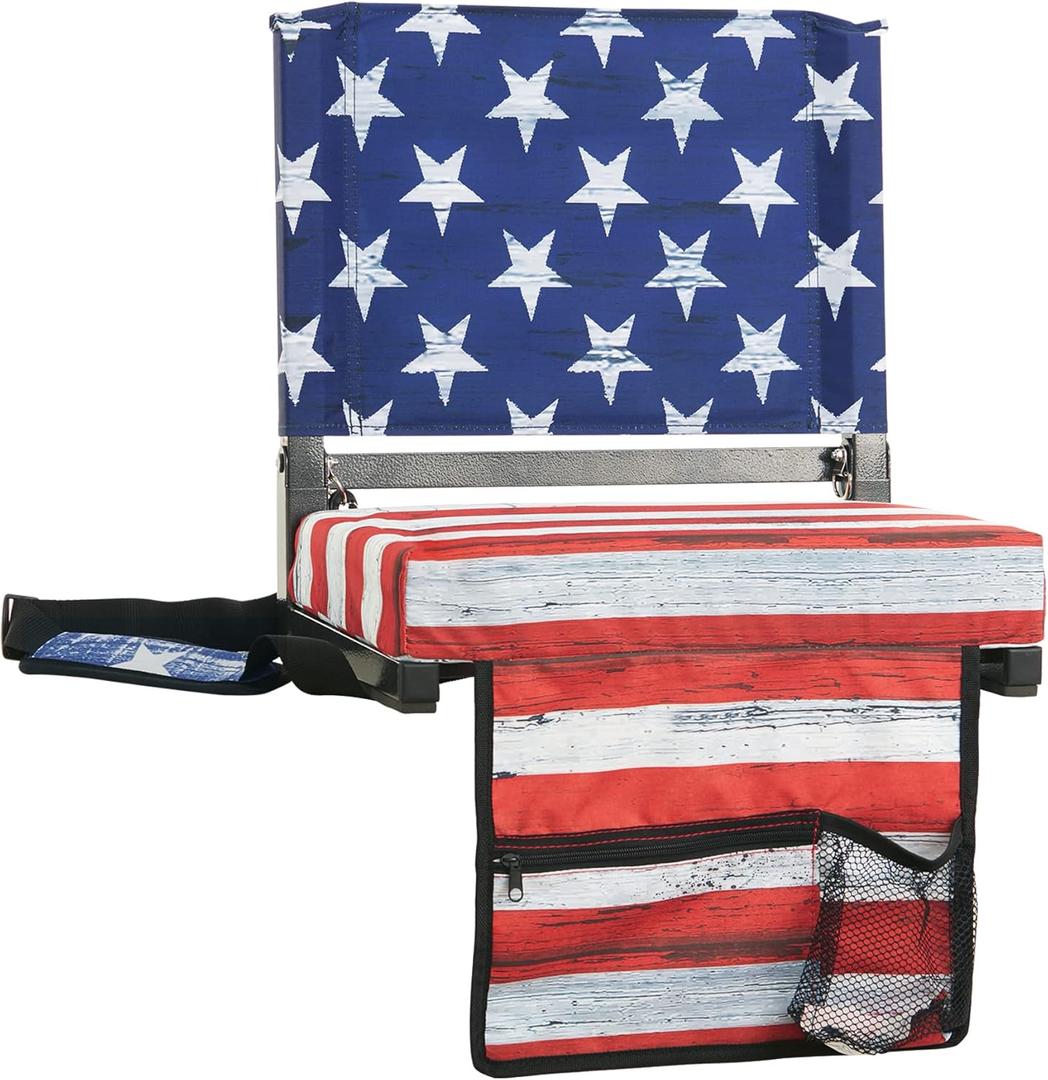 SPORT BEATS Stadium Seats with Back Support Bleacher Chairs with Back and Cushion Thick Padded Bleacher Seats Includes Shoulder Strap (Retro Flag)