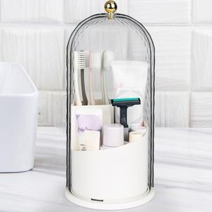 QIYVLOS Toothbrush Holders with Sliding Lid, Rotating 3 Slots Bathroom Organizer Countertop, Tooth Brush Toothpaste Holder Bathroom Counter Stand Caddy for Vanity Makeup Brushes Holder (White)