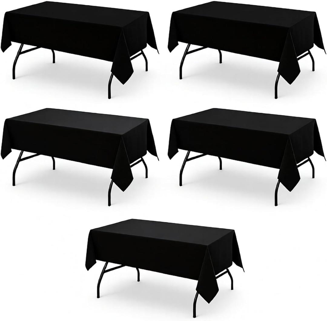 Tablecloths for Rectangle Tables, 54 x 108 Inches, Resistant Polyester Fabric for 6 Foot Tables Covers for Parties, Events (5PC Black)