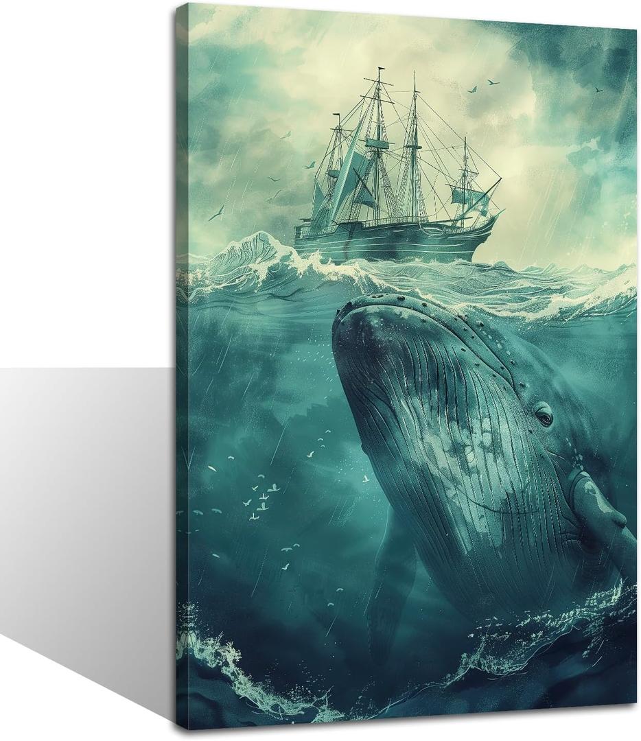 TIEHAOMAI Humpback Whale Canvas Wall Art Blue Whale Paintings Sailing Ship Prints Nautical Ocean Animals Pictures for Home Office DecorAnimal-1,16x24inch (40x60cm)
