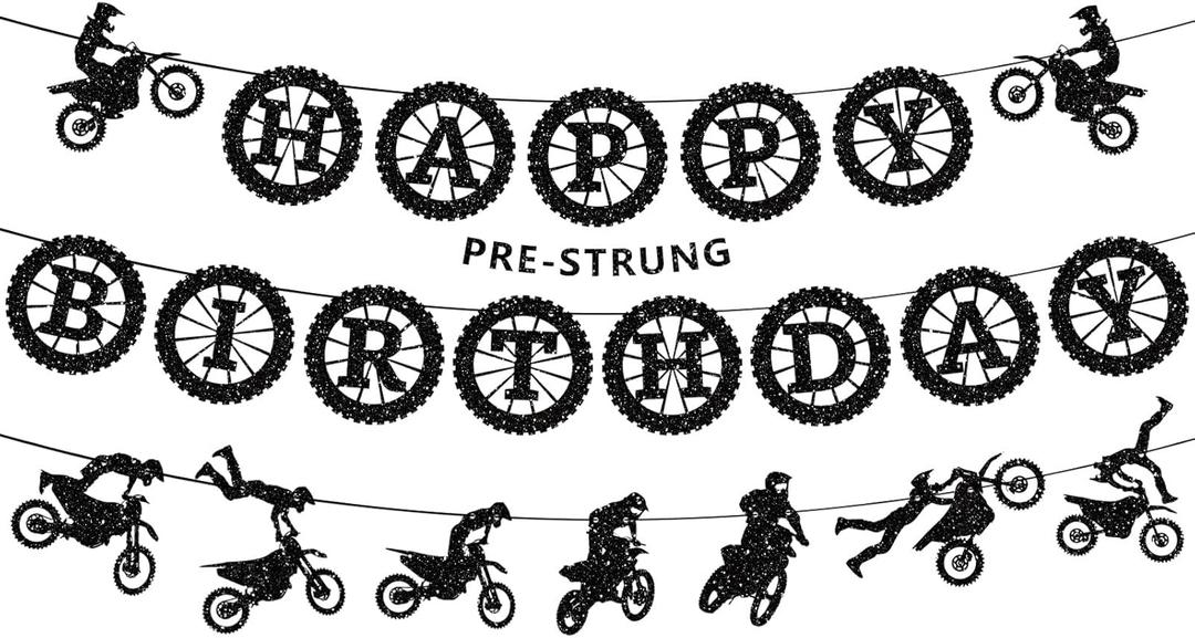 Pre-Strung Dirt Bike Birthday Party Decorations, NO DIY Glitter Happy Birthday Banner, Sick Motocross Stunt Decor Motocross Themed Party Supplies