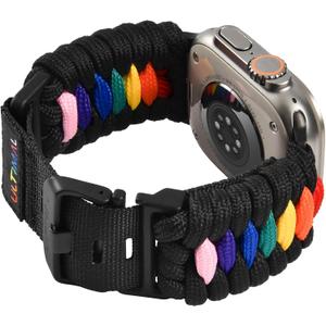 ULTIMAL Paracord Band Compatible with Apple Watch for 49mm, Braided Strap Design for Men Outdoors (Black/Rainbow, 42/44/45/49MM)