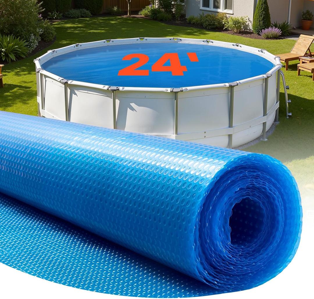 VEVOR Solar Pool Cover, 24 ft Round Pool Bubble Cover, 8 Mil Pools Solar Blanket with Bubble & PE Material, Daytime Heat Absorption, Nighttime Heat Retention, Heat Retaining Solars Covers, Blue