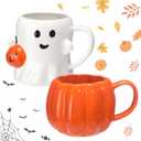 LemonRoad 2 Pcs 14 oz Pumpkin Cute Mugs Happy Ghost Pumpkin Pattern Mugs Novelty Ceramic 3D Coffee Cups Gifts for Hot Chocolate Cocoa Milk Tea Coffee Lover