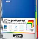 Dunwell 5-Subject Spiral Notebook, College Ruled (Blue), Colorful Movable Pocket Dividers with Tabs, Front/Back Plastic Covers, 200 Sheets (400 Pages) of 3-Hole Punch Perforated 8.5x11 Paper 