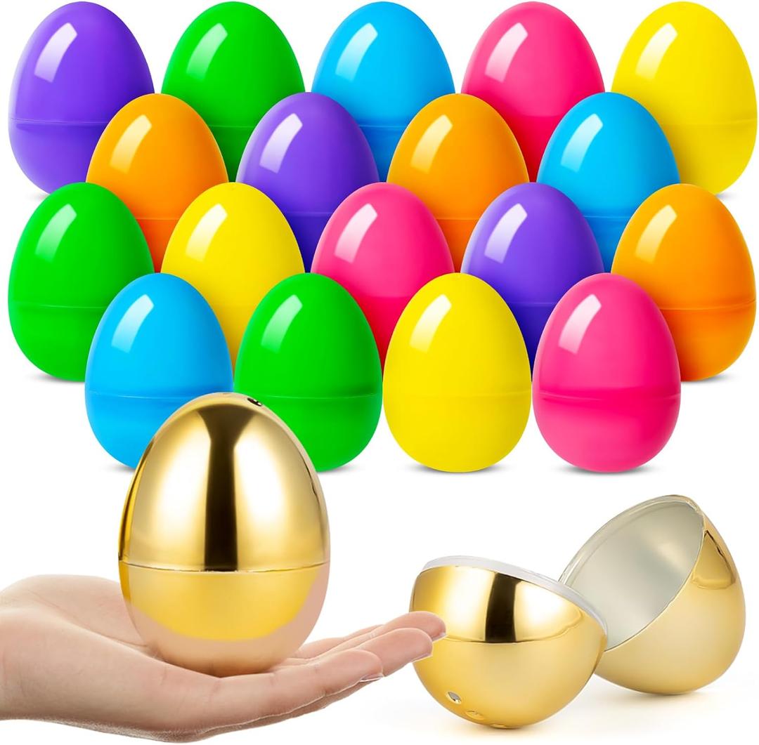Jumlys 36 Count 3.15" Plastic Easter Eggs, 30 Pcs Empty Suprise Egg 6 Pcs Golden Eggs Bulk, Fillable Egg with Hinge for Easter Hunt, Basket Stuffers Fillers and Easter Party Favor