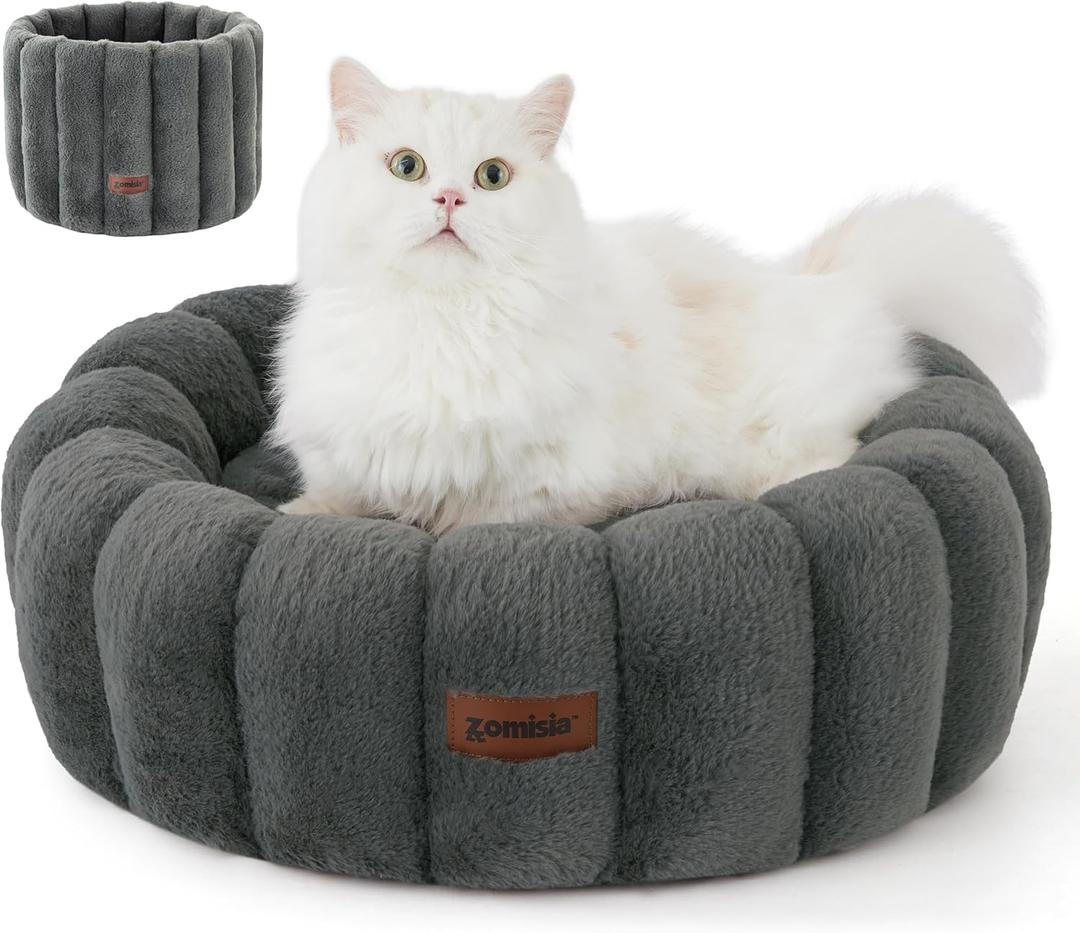 ZOMISIA Cute Cat Beds for Indoor Cats, Striped Small Donut Dog Bed for Puppy and Kitten, Anti-Slip Bottom, Grey