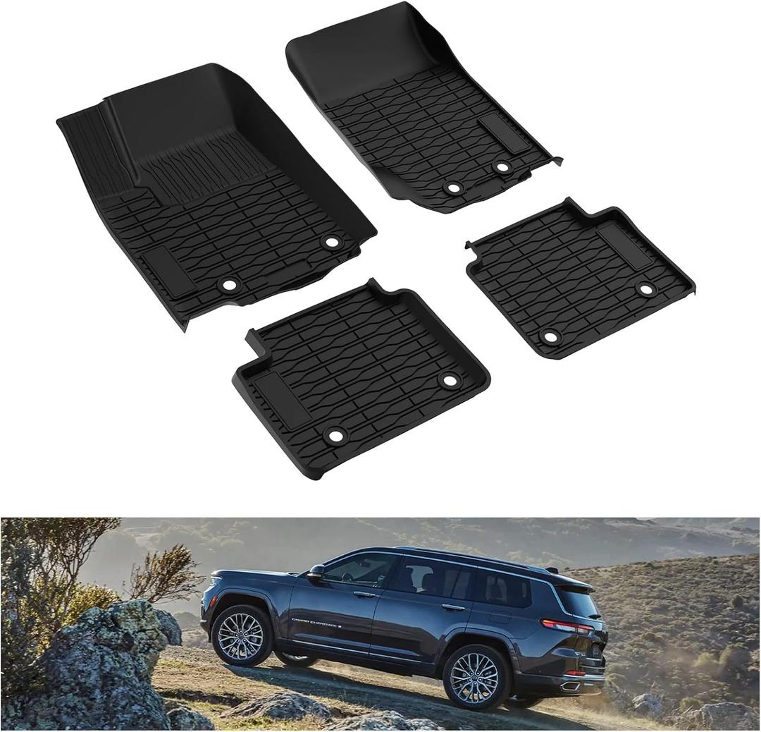 KIWI MASTER Floor Mats for 2022-2025 New Jeep Grand Cherokee/ 4xe, Front & Rear 2 Row All Weather Custom Fit Mat, 1st & 2nd Row TPE Slush Liners Set, Black