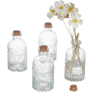 PH PandaHall 4pcs 200ml Glass Bottles with Cork Lids, Vintage Embossed Decorative Bottles for Home Decor, Kitchen, Spices Jar, Aromatherapy, Vase, Perfume Bottle (1 bottle and 1 cap missing)