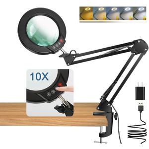 10X Magnifying Glass with Light and Clamp, Real Glass Stand Lighted Magnifier, 5 Color Modes Stepless Dimmable LED Desk Lamp Hands Free for Crafts Hobby Reading Painting Sewing Close Work (Black)