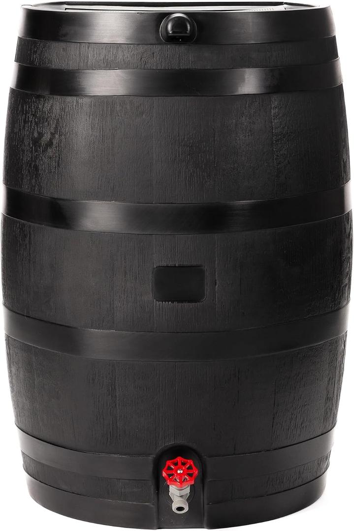 RTS Home Accents 50-Gallon ECO Rain Barrel Made with 100% Recycled Plastic, Flat Back Rain Water Collection Barrel, Black