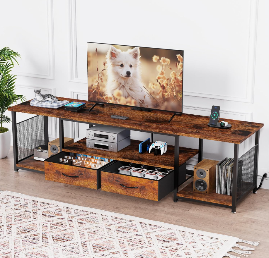 TV Stand with Fabric Drawers and Power Outlets for 75 70 65 Inch TV, Entertainment Center with Open Storage Shelves, Industrial TV Media Console Table for Living Room Bedroom Office