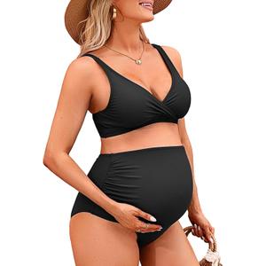 Charmo High Waisted Maternity Swimsuit Bikini Set V Neck Pregnancy Bathing Suits Push Up Two Piece Swimwear (Medium, #1a Black)