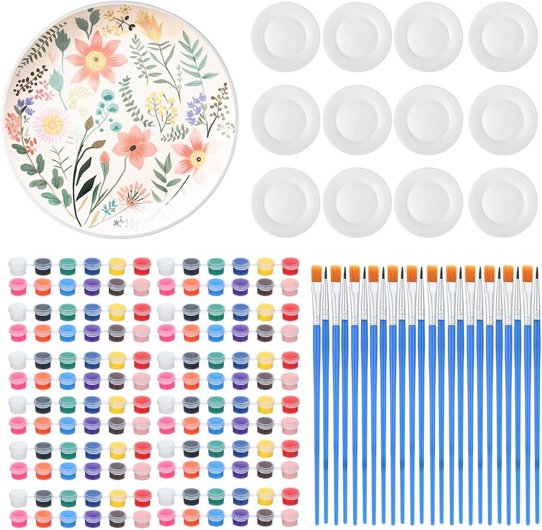Marspark 12 Pcs 9 Inches Ceramic Painting Plate White Ceramic Plates with 12 Sets of 12 Colors Paint 12 Sets of 2 Brushes Porcelain Painting Craft Set for Family Gatherings Activities Art Supplies