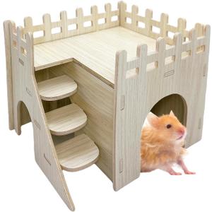 Hamster Wooden House Hamster Hideout Hut Maze Cage Accessories with Ladder and Platform for Syrian Hamsters Dwarf Gerbil Mouse