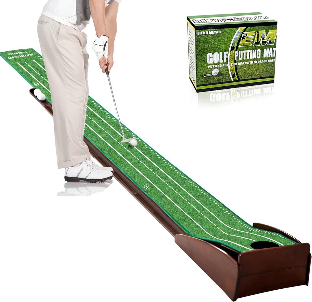Putting Green Portable Indoor Putting matIncludes Putting Practice Ball, Wrinkle-Free Mat, and Solid Wood Construction  Suitable for Office, Living Room, Outdoor Golf Gift (Light brown)