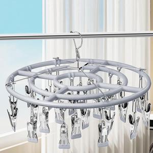 Stainless Steel Clothes Drying Rack with 24 Clips, Swivel Hook Windproof Hanger for Sock, Bras, Towel, Underwear, Laundry, Hat, Scarf, Pants, Gloves (Gray)