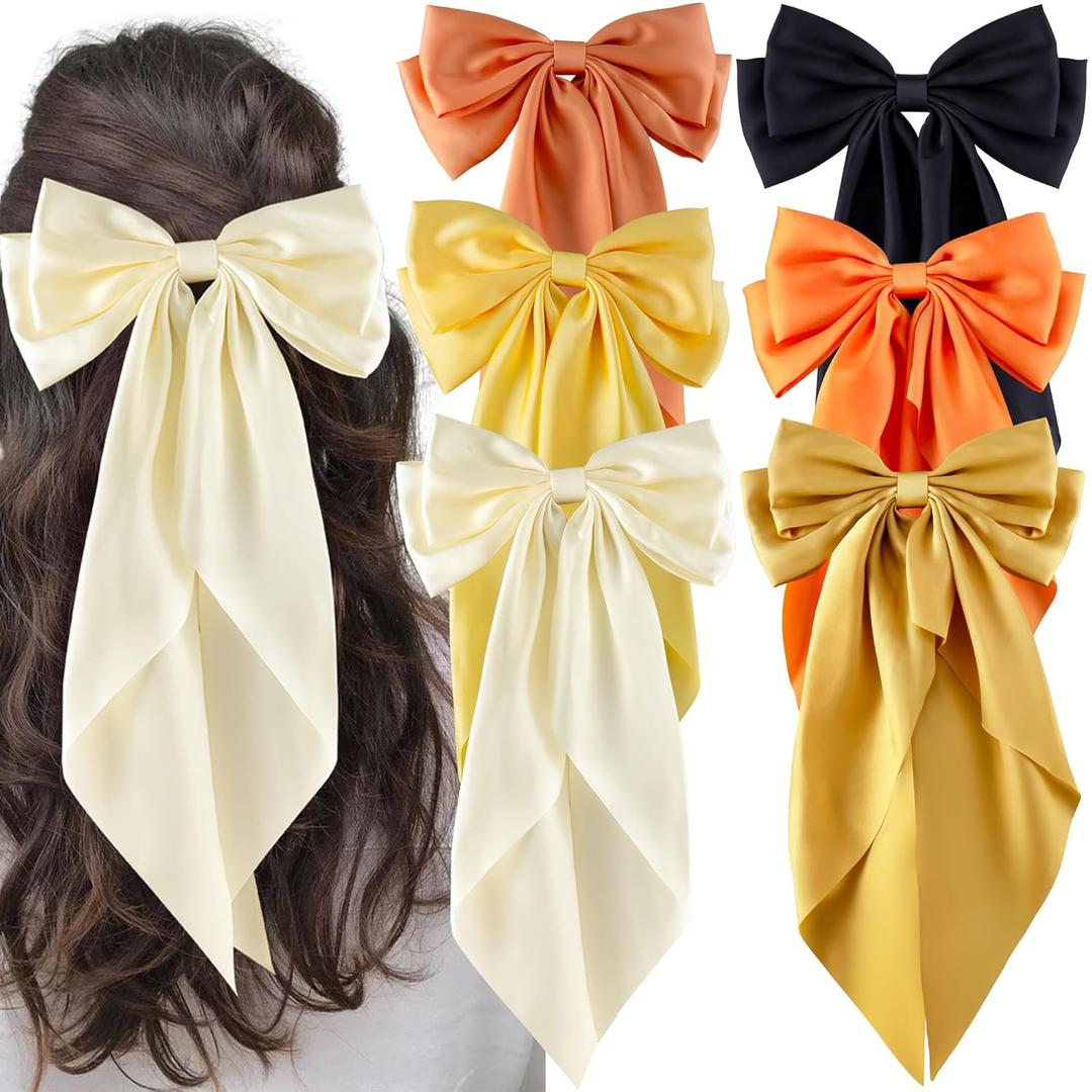 6Pcs Large Bows Hair Clips for Women Girls Long Tail Hair Ribbon Silky Satin Barrettes Coquette Bows Accessories (Black/Orange/Yellow/White)