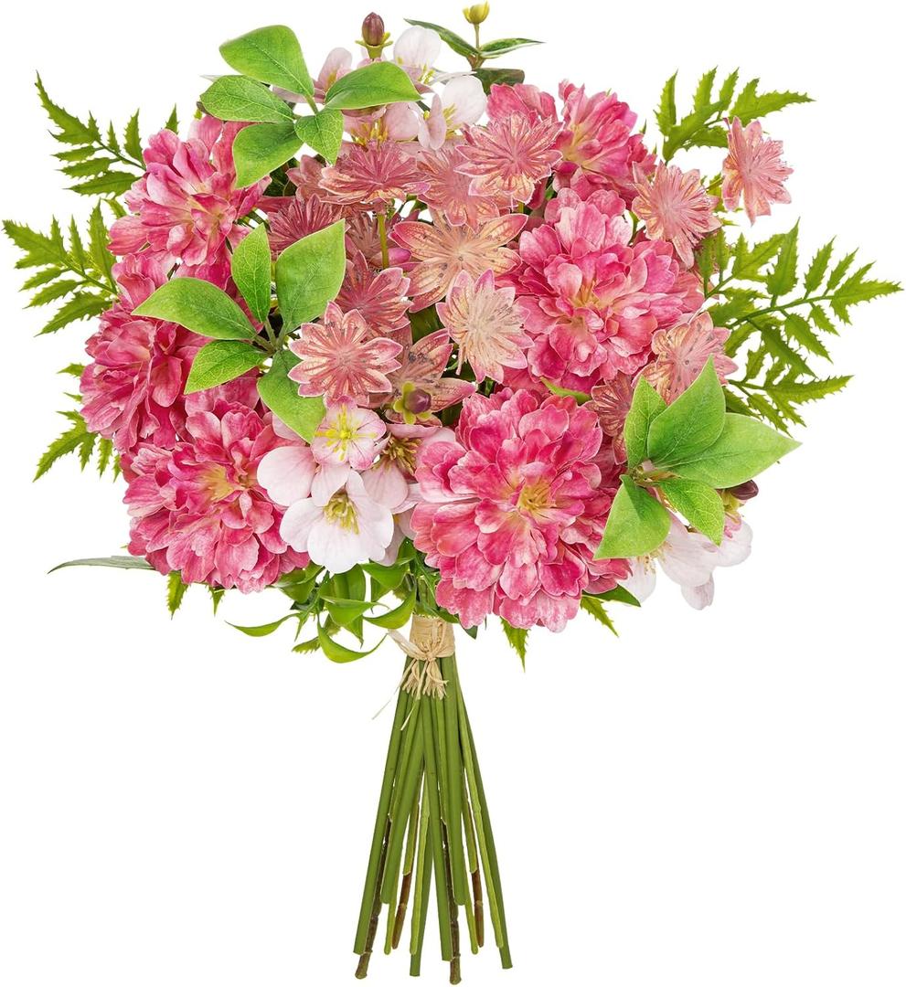 Hollyone 2Pcs Dahlia Artificial Flowers Bouquets Pink Fake Spring Wildflowers Silk Floral Arrangements Wedding Bride Bouquets Faux Flowers for Home Kitchen Office Table Centerpieces Wedding Decor
