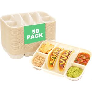 4-Compartment Disposable Taco Plates for 2 Tacos & 4 Sides | Extra-Deep Raised Edge| Biodegradable Cornstarch| Microwave Safe | Perfect for Tuesday, Parties, Fiesta, Nights, Bars | 50-Pack