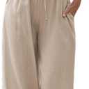 Faleave Women's Cotton Linen Summer Palazzo Pants Flowy Wide Leg Beach Trousers with Pockets (Khaki, Size S)