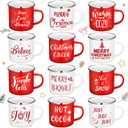 Christmas Coffee Mugs Set of 12, White and Red Enamel Cups 12 oz Funny Novelty Holiday Cups for Women Men Coworkers Gifts and Xmas Party Favor