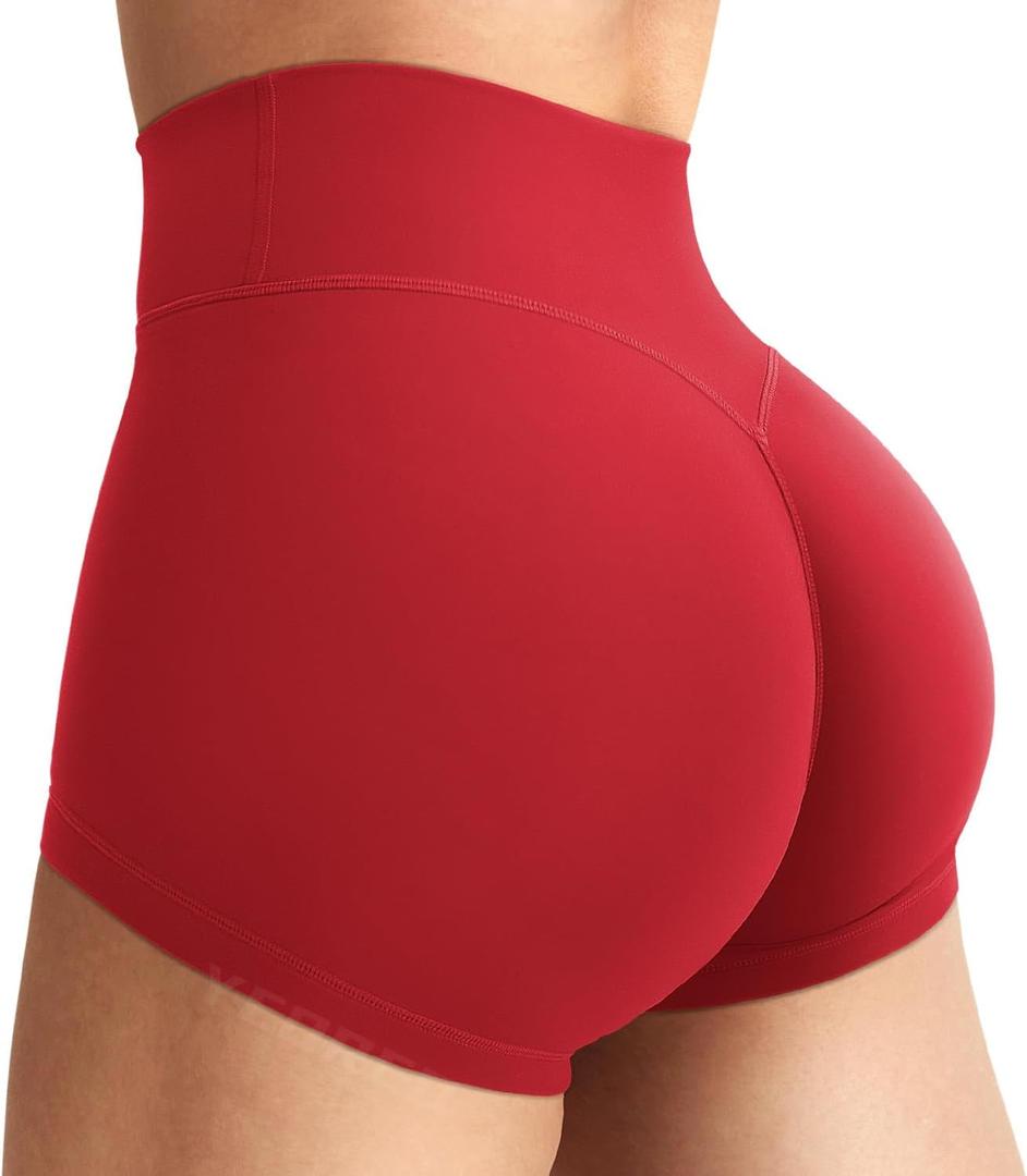 YEOREO Women's Biker Shorts 2.5" No Front Seam Elysina High Waist Hidden Scrunch Workout Gym Yoga Running Shorts (Large, Red)