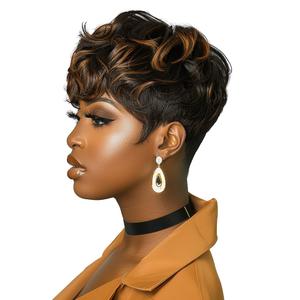 Short Cut Wig for Black Women - Black Mixed Brown Synthetic Fiber Pixie Cut Wig with Perfect Waves and Layers