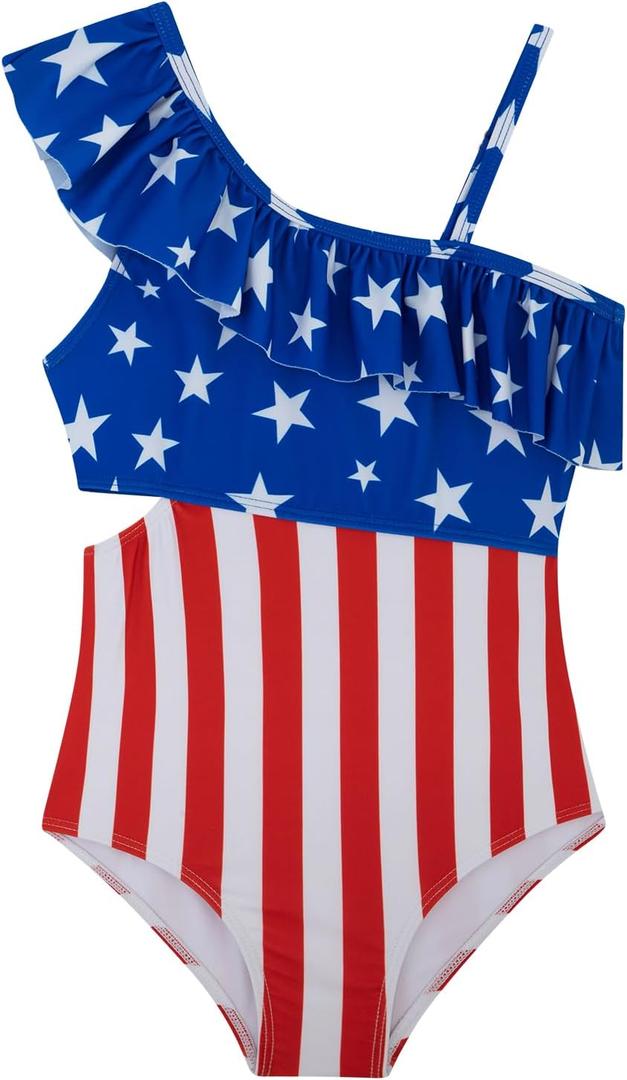 Girls One Piece Swimsuits Cutout Ruffle Bathing Suit Quick Dry Beach Swimwear with Adjustable Strap 5-14 Years (11-12 Years, Red Blue)