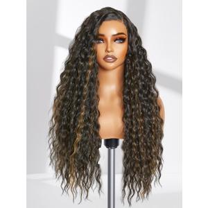 GORGIUS Highlight Water Wave Wig Glueless Pre Cut Synthetic Lace Front Wig 28 Inch Side Parted Black Mix Brown Long Wig For Women Upgraded with Premium Human-Hair-Like Fiber