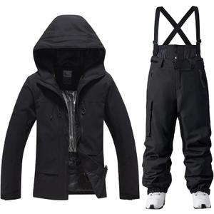 YEEFINE Men's Ski Suit Two Piece Waterproof Ski Jacket and Pants Set Outdoor Windproof Winter Snow Comfy Warm Snowsuits (Black, S)