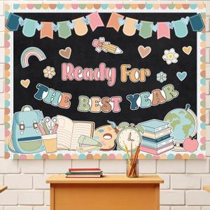 2 x Back to School Bulletin Board Classroom Decoration, Ready for The Best Year Bulletin Board Set, Pastel Notebook Stationery Schoolbag Cutouts for First Day of School Wall Door Chalkboard Classroom
