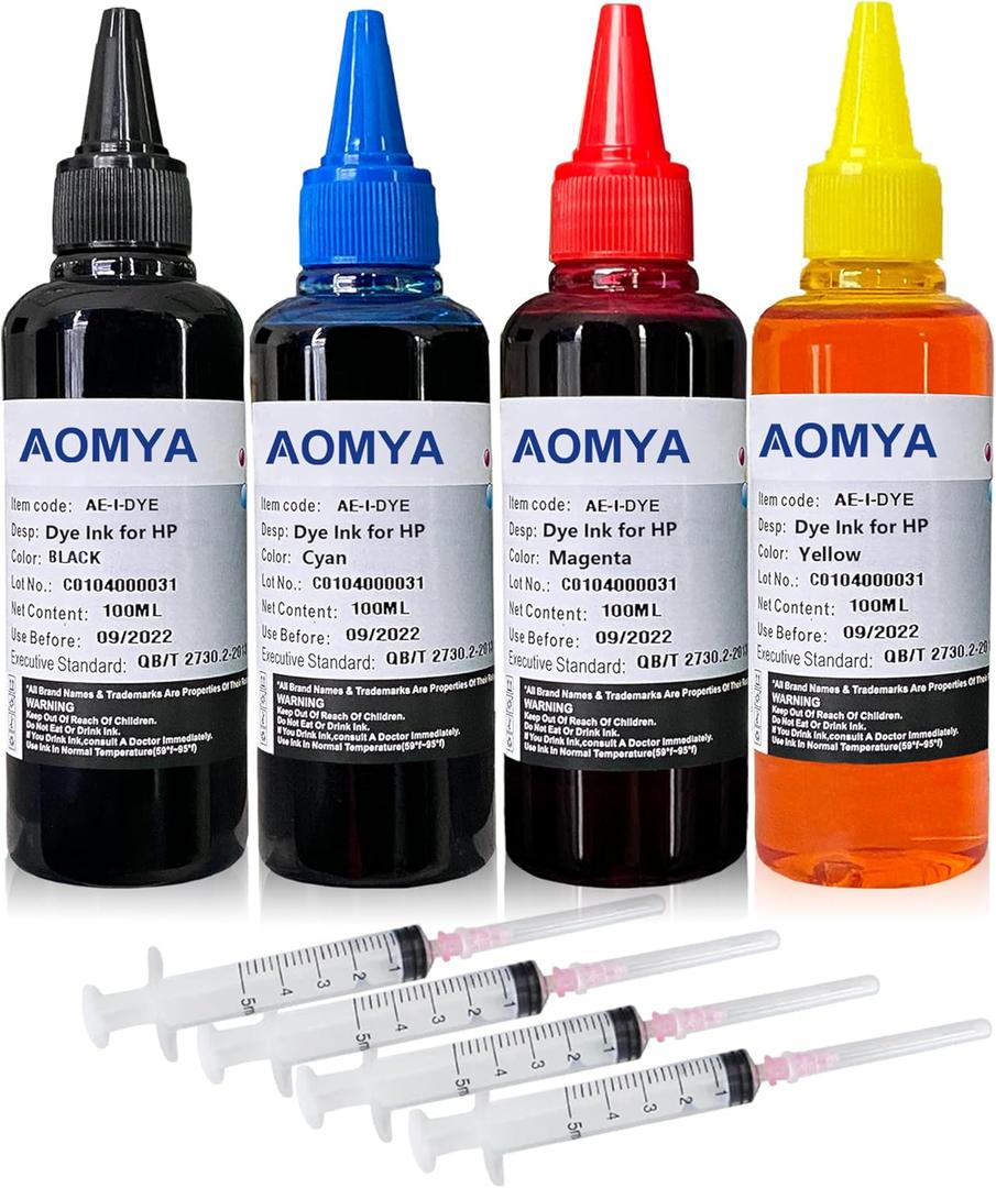 Aomya Ink Refill Kit 100ml for HP 67 61 65 60 62 63 910 920 901 902 932 933 934 940 952 94 95 96 Inkjet Printer Cartridges Refillable Ink Cartridges CIS CISS System 4 Color Set with 4 Syringes