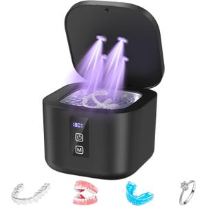 Ultrasonic Retainer Cleaner Machine, 48KHz Dental Cleaning Pod for Denture, Mouth Guard, Aligner, Night Guard, Braces, Toothbrush Heads, Jewelry with Digital Timer & 6 Modes, 13oz Capacity, Black