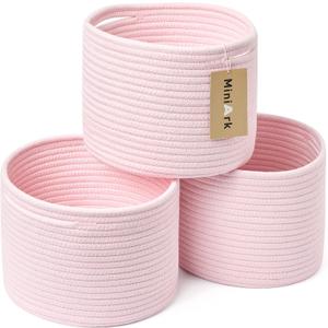 Small Basket for Organizing | Cube Shelf Closet Storage Baskets | 9.79.77.1 | Woven Rope Gift Basket | Nursery | Round 3 Packs Light Pink