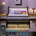 Jenmit Full Size Bed Frame with Charging Station & LED Lights, Metal Platform Bed Frame with Headboard and Footboard, Storage Space Under Bed, No Box Spring Needed, Noise Free, Easy Assembly, Black